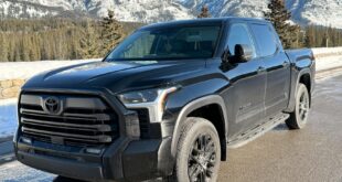 Black pickup truck parked in front of snowy mountains during daytime.