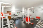 Modern interior design of new spacious fitness gym for home sport training and heavy weightlifting in garage of big house