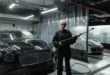 A woman with pink hair uses a pressure washer on a luxury car in an indoor garage setting.